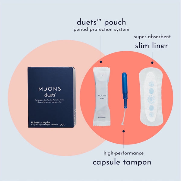 Moons Duets Tampon Plus Liner System | Compact Tampons with Slim Liners in  Soft Pouch Combo | No Toxins, Bleaches or Perfumes | Ultimate Leak